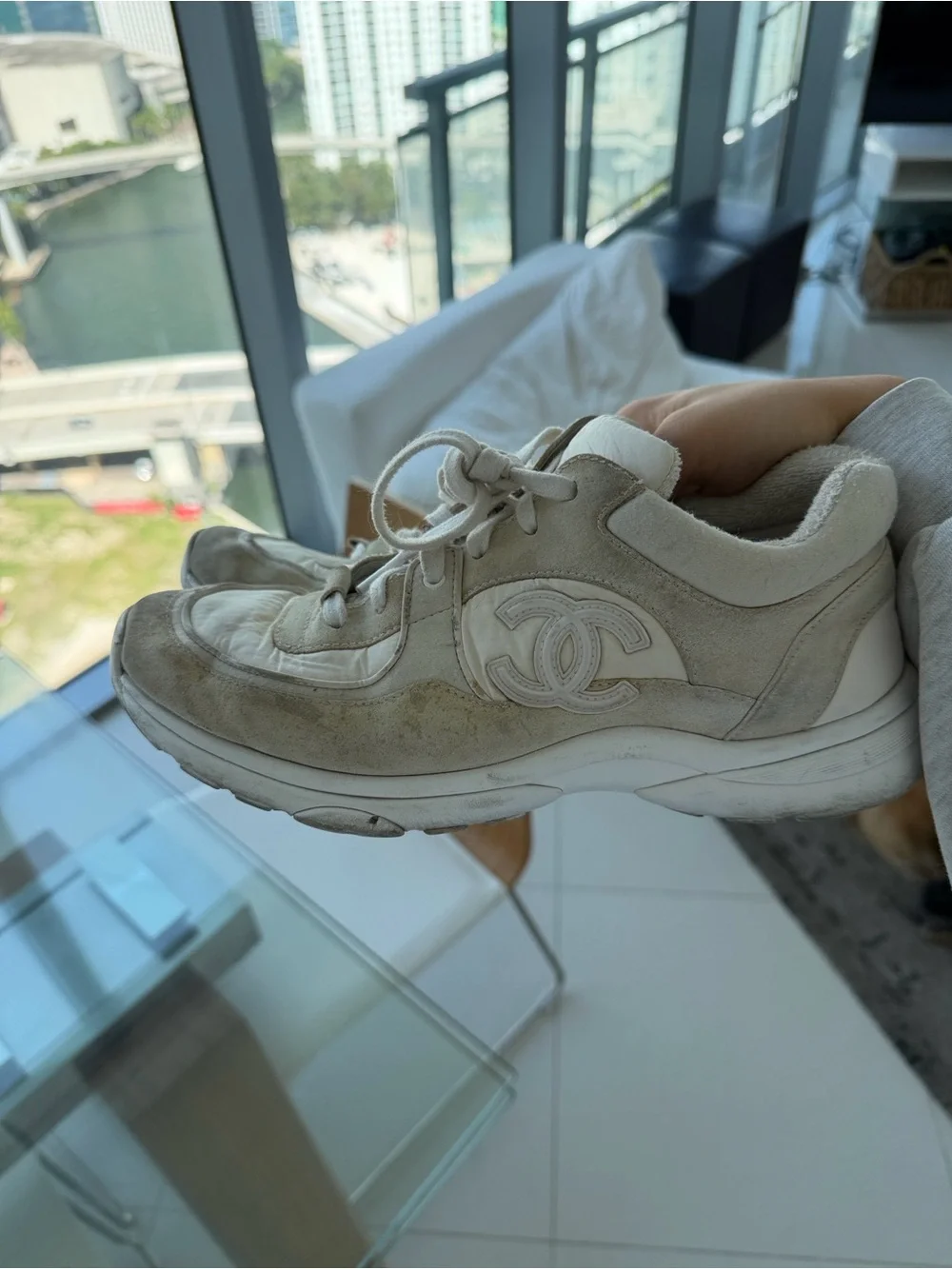 CHANEL Beige and White Suede CC Runner Sneaker